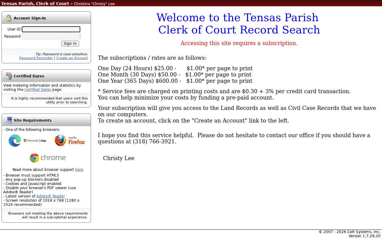Tensas Parish civil docket Cott subscription login