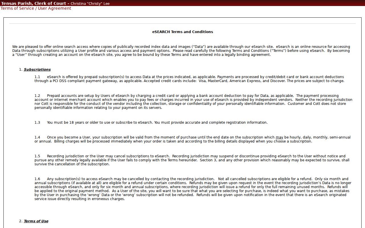 Tensas Parish civil docket Cott subscription terms