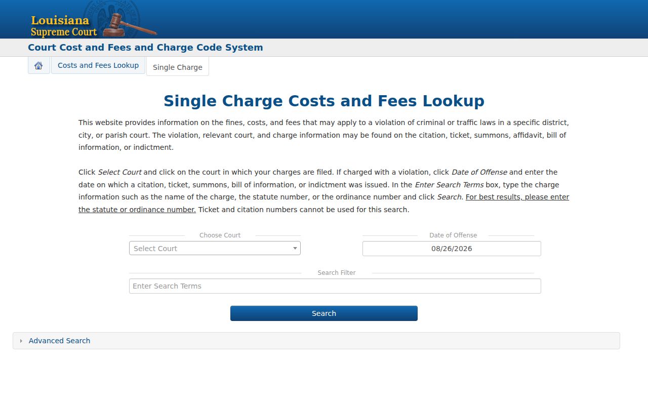 Tensas Parish traffic court records Louisiana charge code search fields